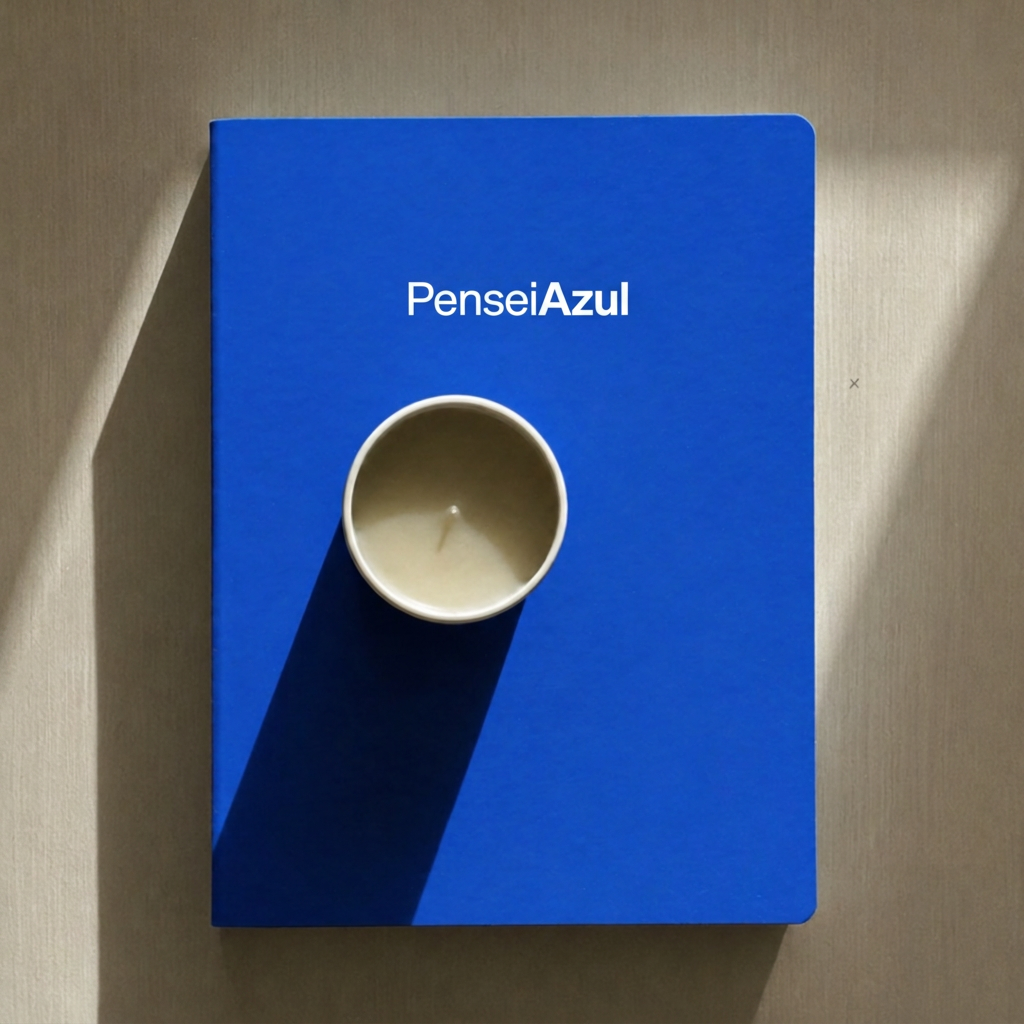 Caderno azul fechado com o nome PenseiAzul e uma vela